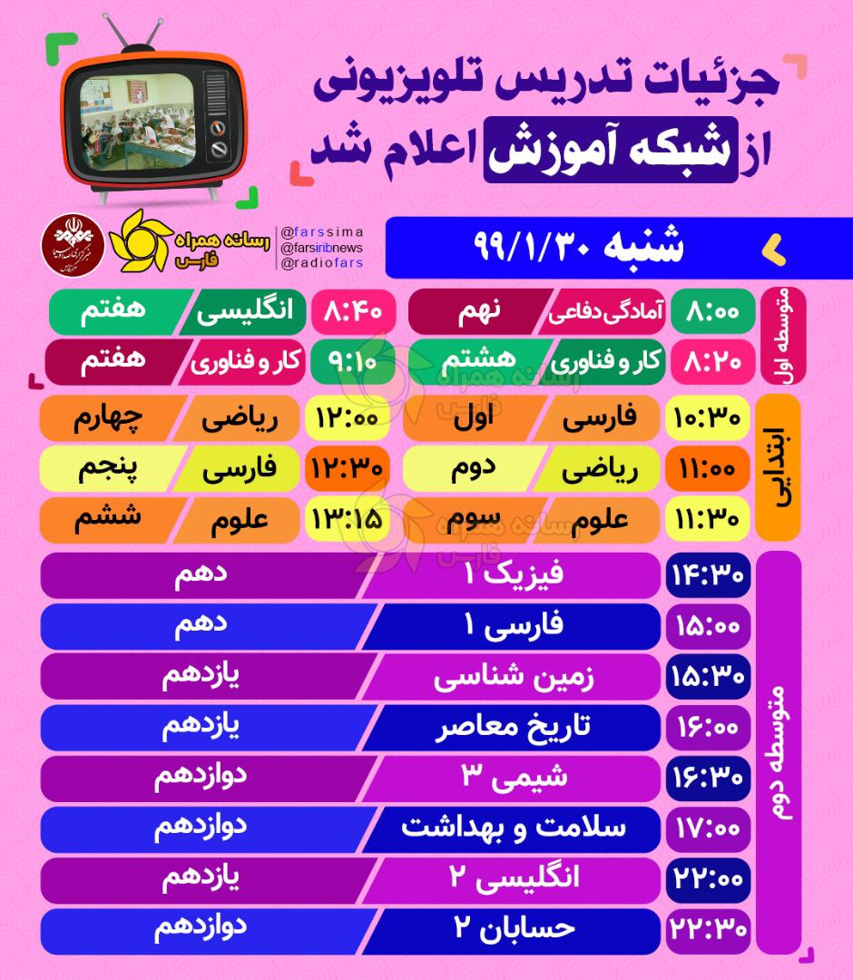 جدول زمانی برنامه‌های درسی روز شنبه